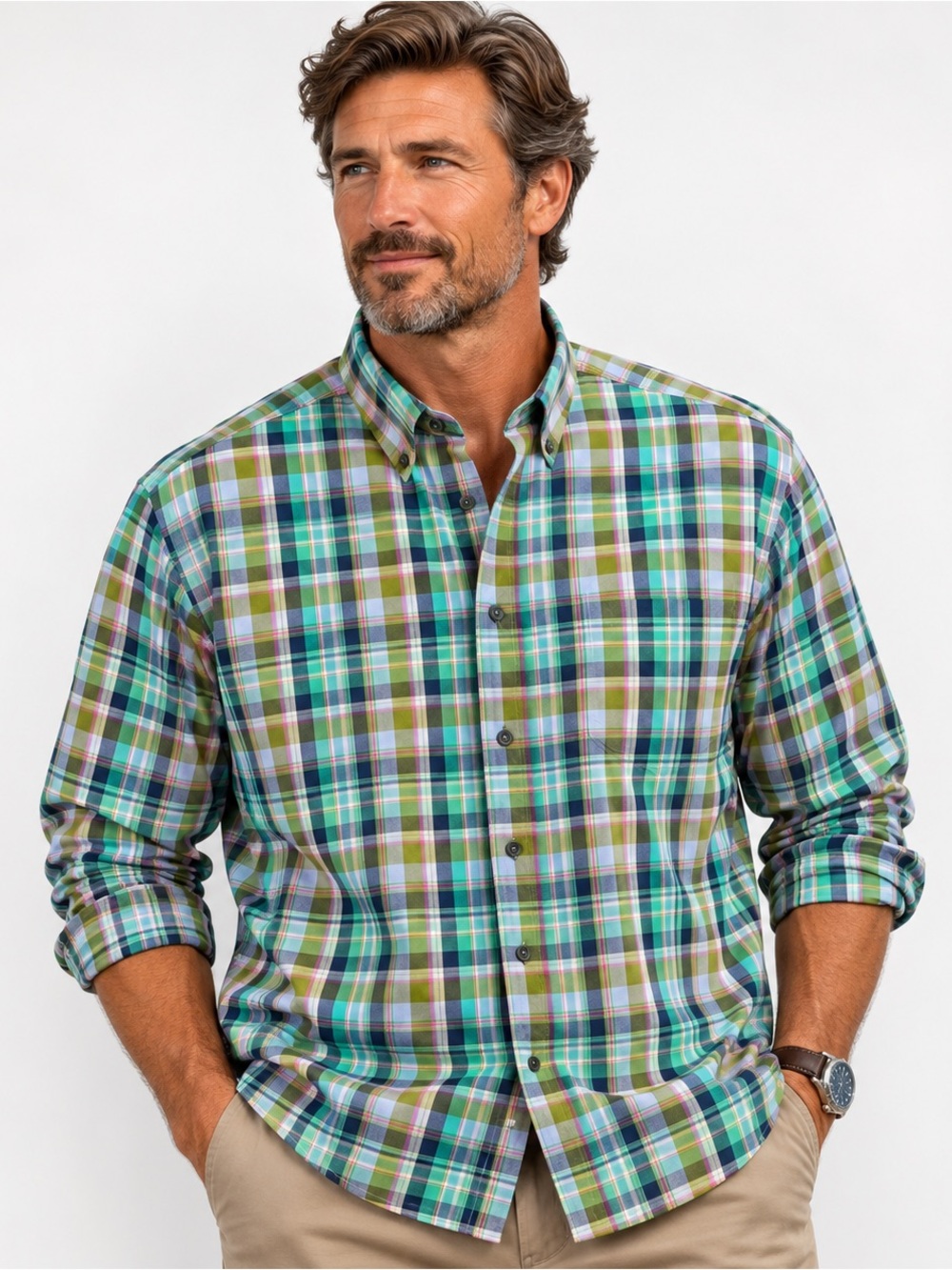Alan Flusser Button Down Shirt XXL Green Blue Plaid 100% Cotton Long Sleeve